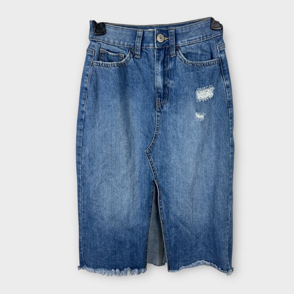 Y2K Distressed Denim Skirt Long Jean Skirt Medium‎ Wash 0/24W
